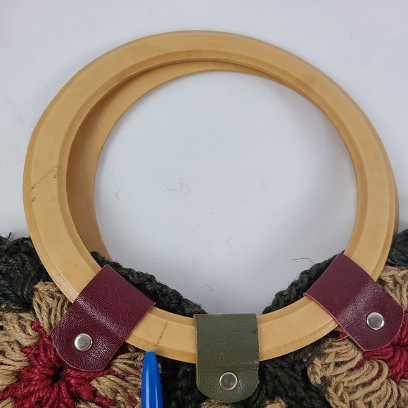 Jute Floral Crochet Handbag Purse Tote Boho Flowers Patchwork Wood Handle Bag - Picture 7 of 14